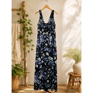 Blue Floral Smocked Maxi Dress Sleeveless Cottagecore Boho Stretch G/L Vacation